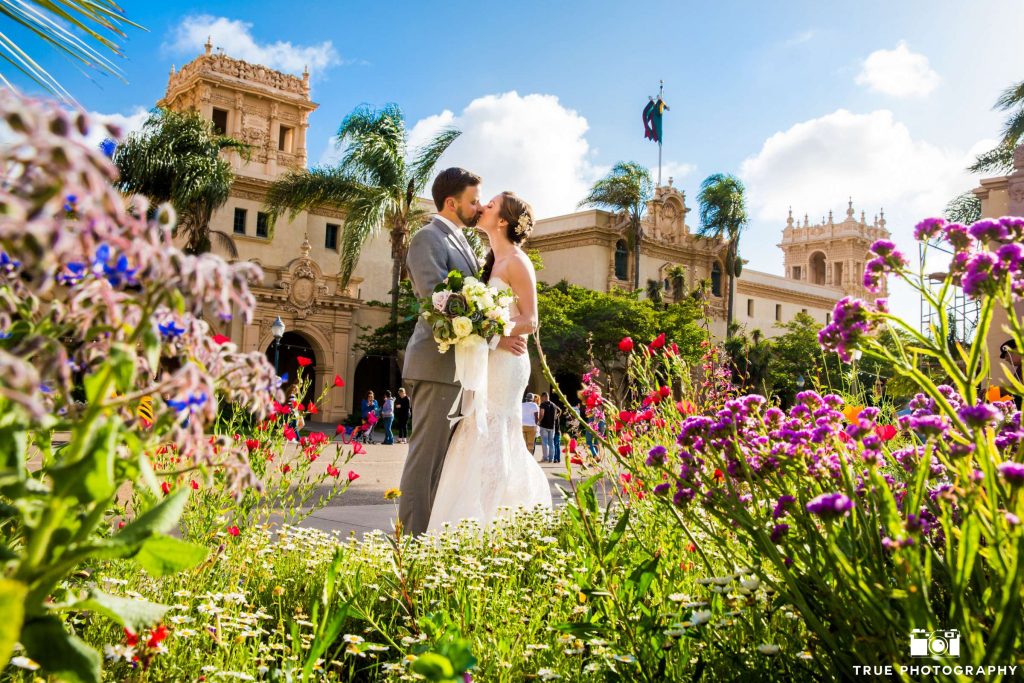 balboa park elopement couple with flowers