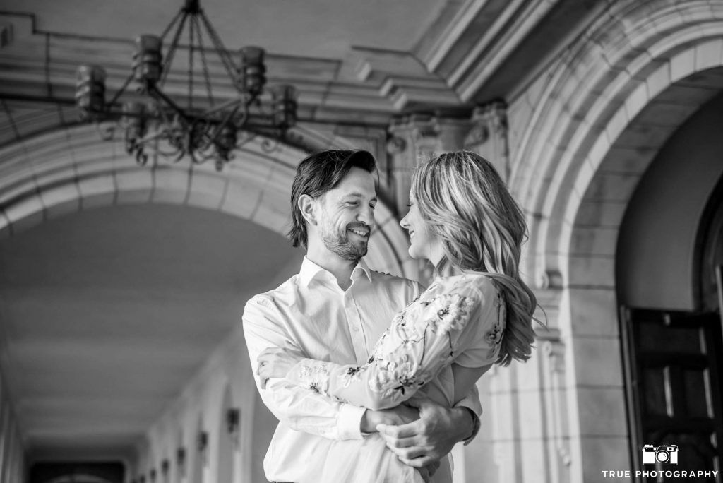 balboa park elopement couple b&w in archway
